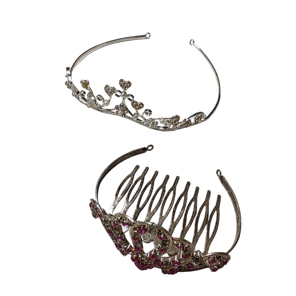 Princess Tiaras Pink Rhinestone Hair Comb and Heart Pearl‎ Headband set of 2 H3